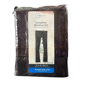 MAINSTAY Rich Black "Jacquard Wide Stripe" Complete Window Set 57" x 84"NEW